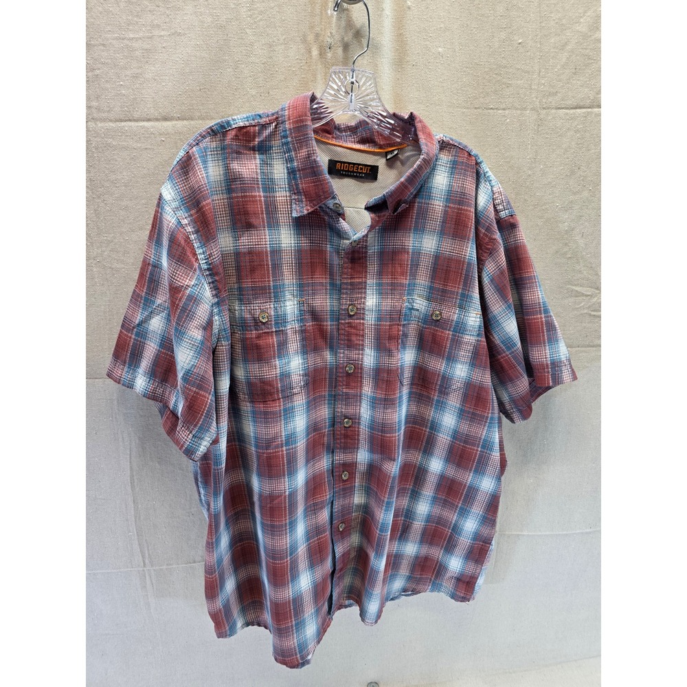 Ridgecut Toughwear Mens XL Red Blue Plaid Short Sleeve Button Up Work Shirt